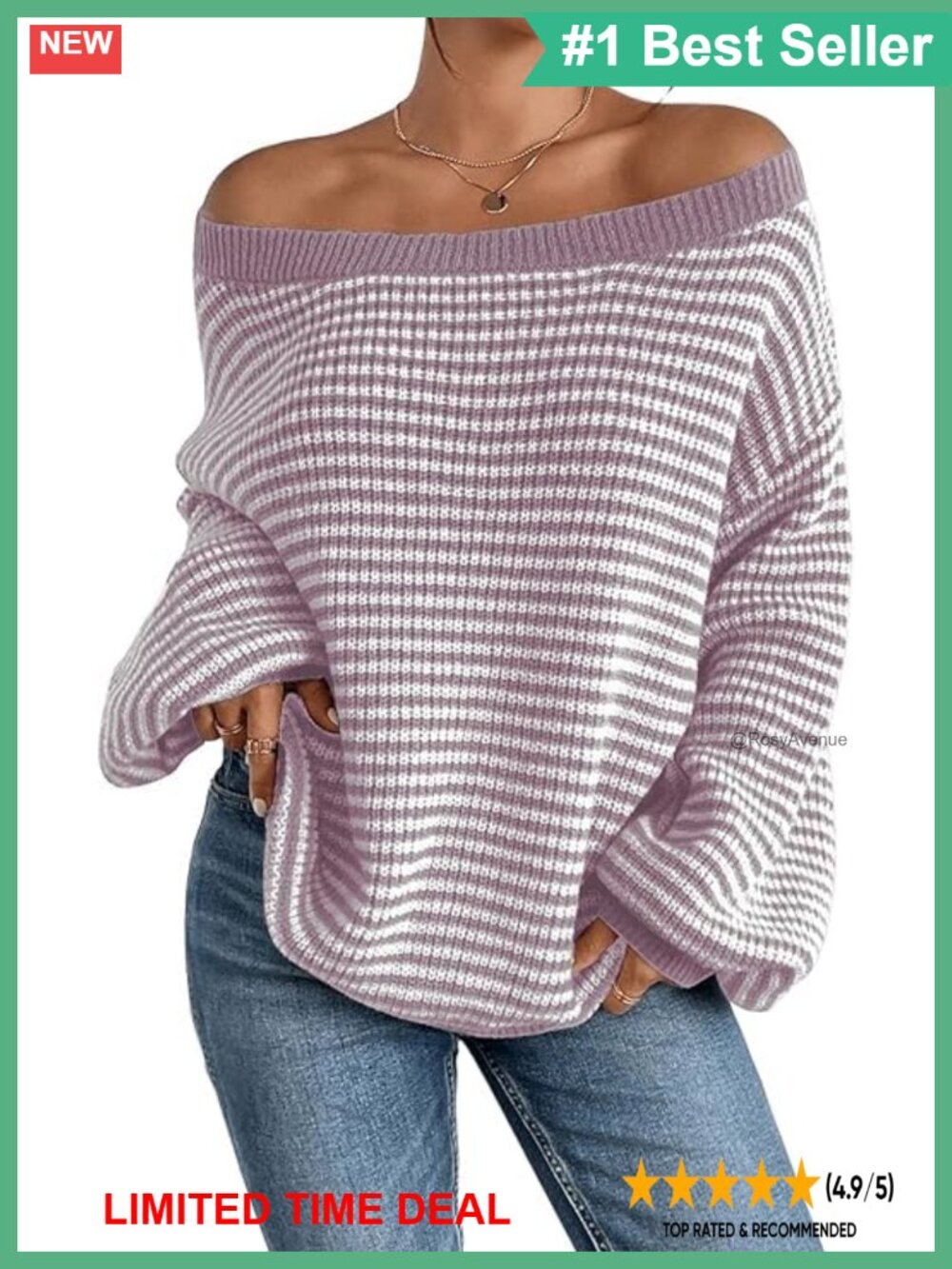 Women's Oversized Striped Knit Pullover Sweater Loose Drop Shoulder Crewneck